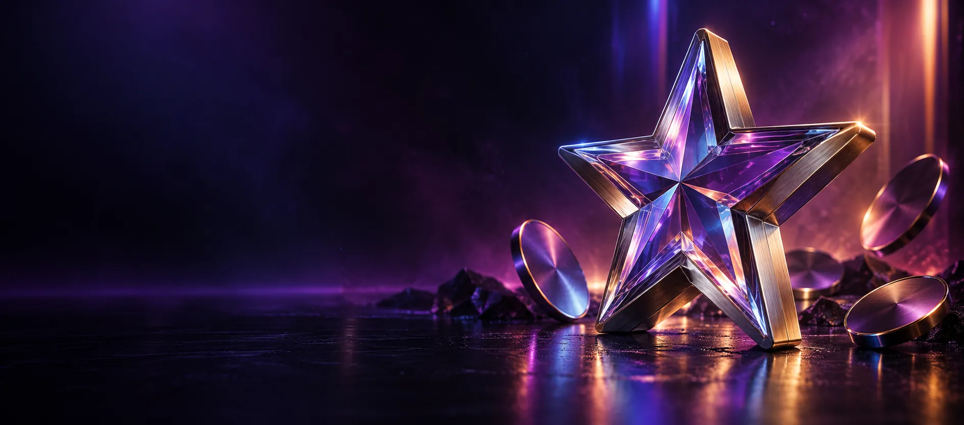 Glass star sculpture illuminated in violet and amber light