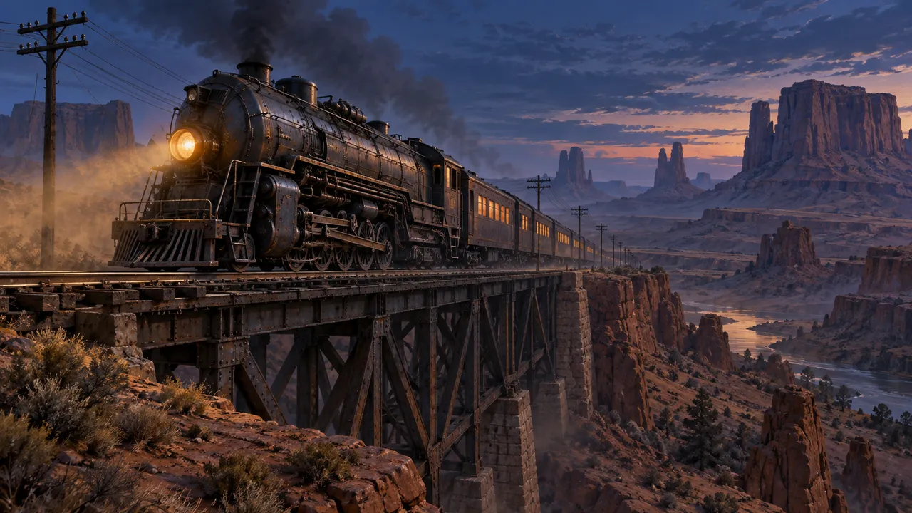 An iron locomotive crossing a desert canyon at dusk